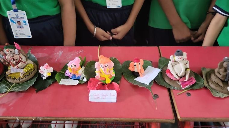 Clay Ganesh idols made by students on display at Janhit World School