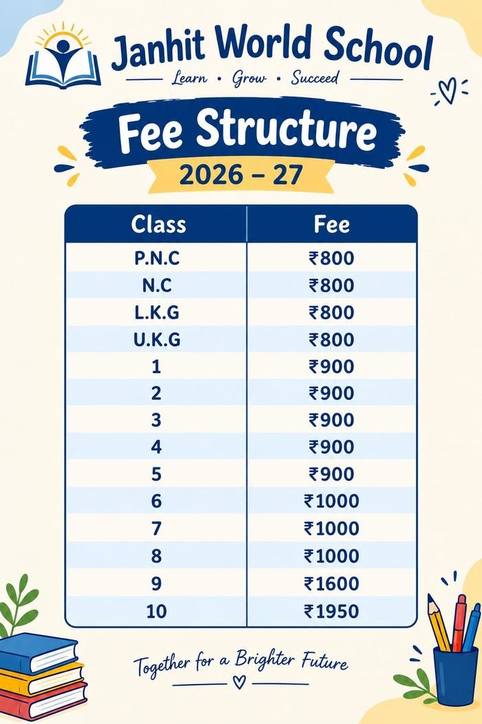 Official Janhit World School fee structure notice for the 2026-27 session
