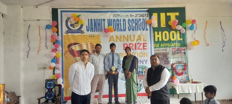 The assembly hall at Janhit World School set up for the Annual Prize Distribution Ceremony